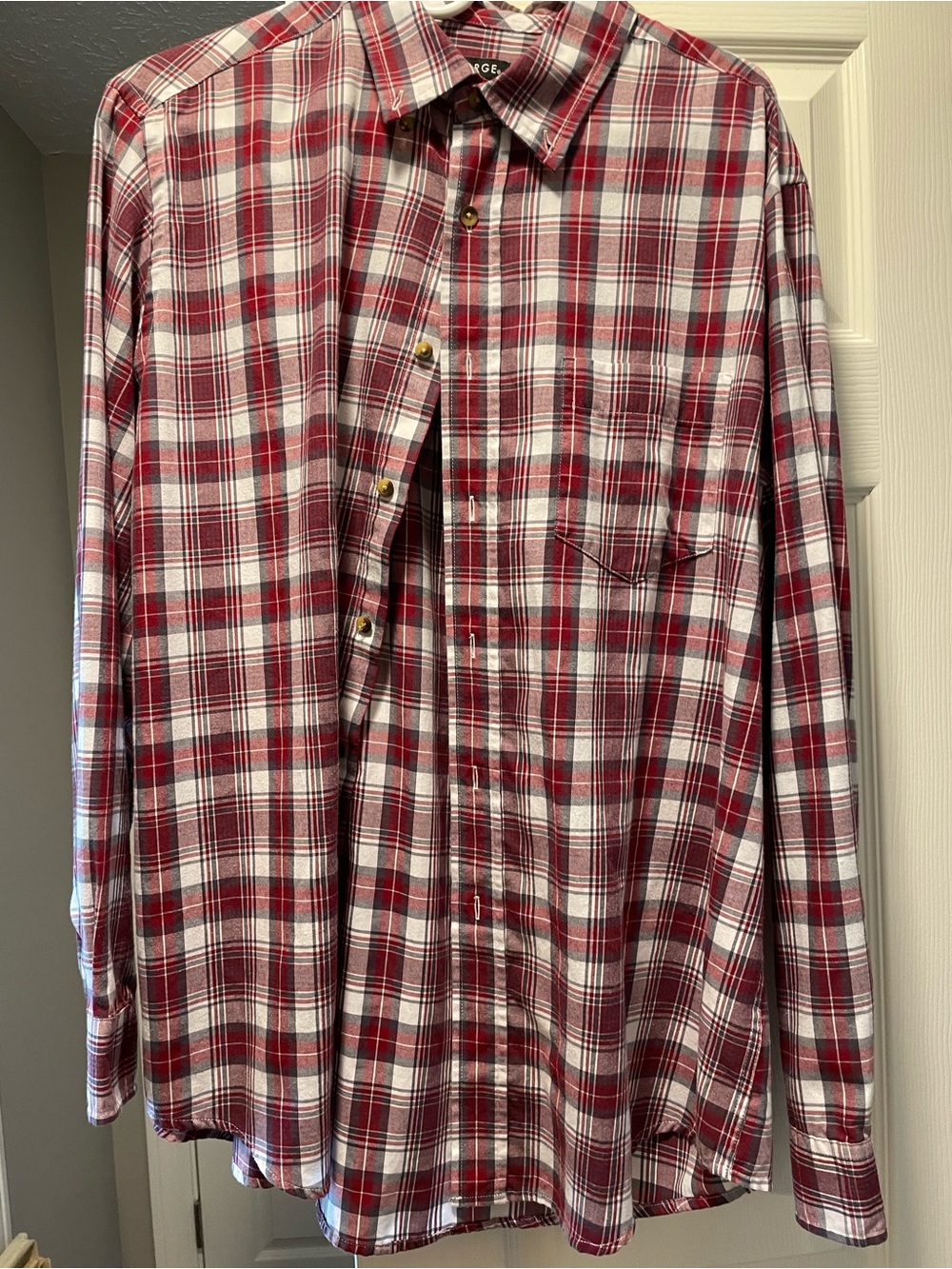 George Red and White Plaid Long-Sleeve Button-Down Shirt